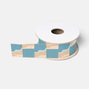 Abstract Beach Pattern Wave Lines Blue Sand Shells Grosgrain Ribbon