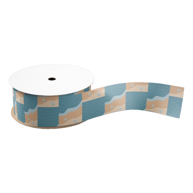 Abstract Beach Pattern Wave Lines Blue Sand Shells Grosgrain Ribbon (Spool)