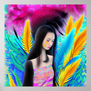 Abstract Beautiful but Sad Asian Girl Colorful AI Poster
