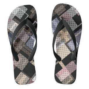 Abstract, beige, black, plaid flip flops