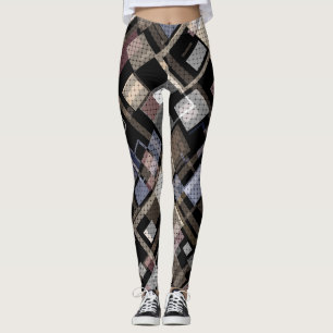 Abstract, beige, black, plaid leggings