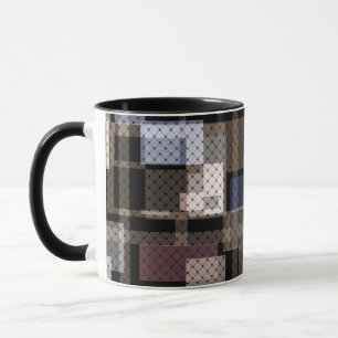 Abstract, beige, black, plaid mug