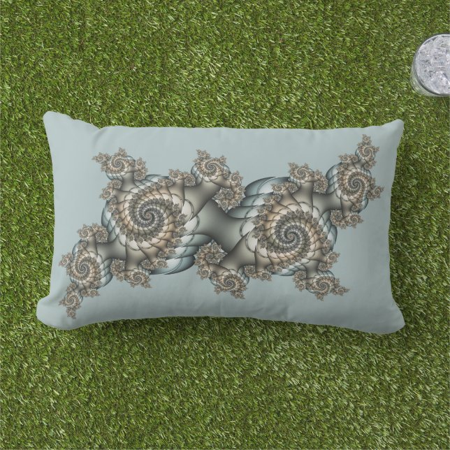 Abstract Beige Light Blue Fractal Art Spirals Lumbar Pillow (Grass)
