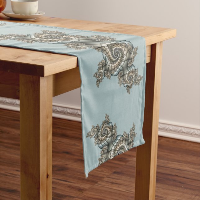 Abstract Beige Light Blue Fractal Art Spirals Medium Table Runner (In Situ)