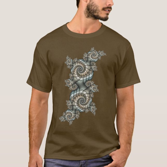 Abstract Beige Light Blue Fractal Art Spirals T-Shirt (Front)