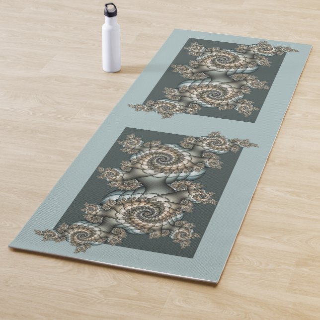 Abstract Beige Light Blue Fractal Art Spirals Yoga Mat (In Situ)