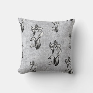 Abstract big black white neon flowers on silver throw pillow
