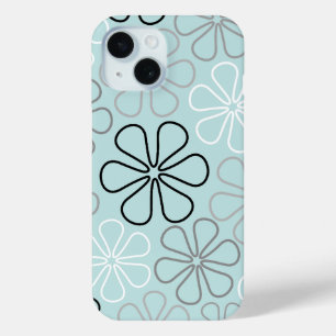Abstract Big Flower Outlines BWG+Duck Egg Blue iPhone 15 Case