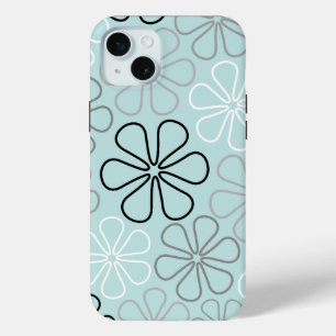 Abstract Big Flower Outlines BWG+Duck Egg Blue iPhone 15 Mini Case
