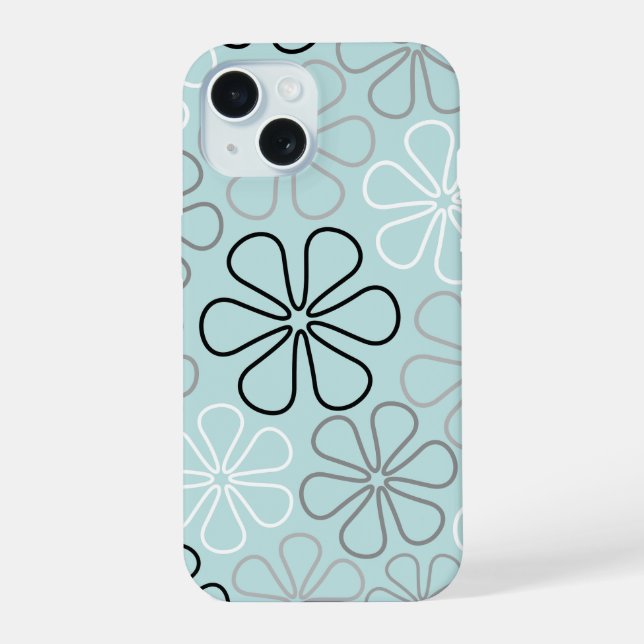 Abstract Big Flower Outlines BWG+Duck Egg Blue iPhone 15 Case (Back)