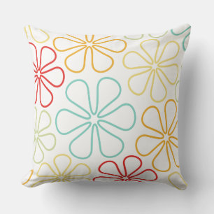 Abstract Big Flowers Red Yellow Orng Lime Teal Wt Throw Pillow