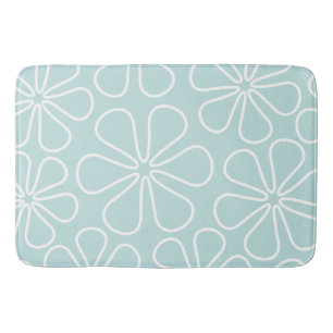 Abstract Big Flowers White on Duck Egg Blue Bath Mat