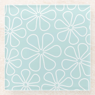 Abstract Big Flowers White on Duck Egg Blue Glass Coaster