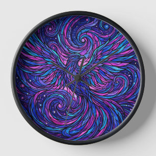 Abstract Bird Flight Cosmic Purple Art Clocks