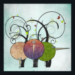 Abstract Birds and Trees Art Print Poster<br><div class="desc">Funky abstract design featuring three abstract birds standing among some swirly trees. The birds are done in colours of bright green,  purple and tan.  Each abstract bird has a textured patterened effect. The swirly trees are done in a dark abstract wood pattern.</div>