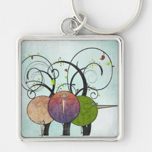 Abstract Birds and Trees Keychain