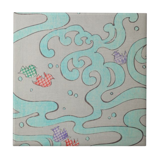 Abstract Birds on Wave Swirls Vintage Japanese Tile (Front)