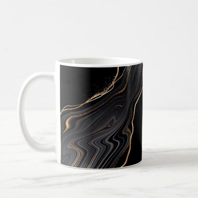 abstract black agate background with golden veins, coffee mug (Left)