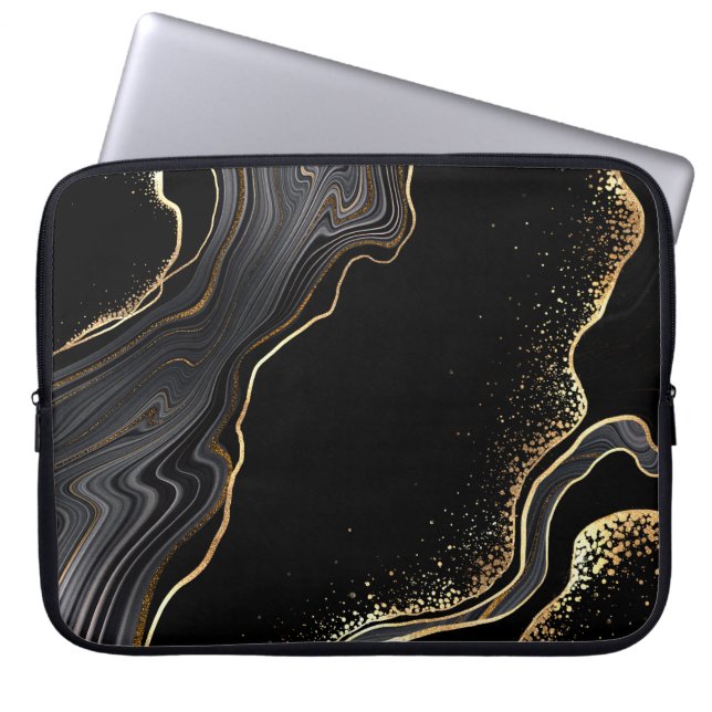 abstract black agate background with golden veins, laptop sleeve (Front)