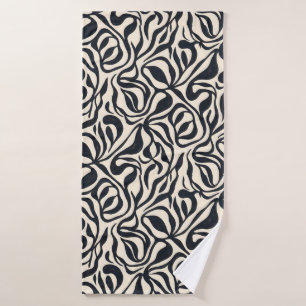 Abstract Black and Cream Botanical Leaves Pattern Bath Towel