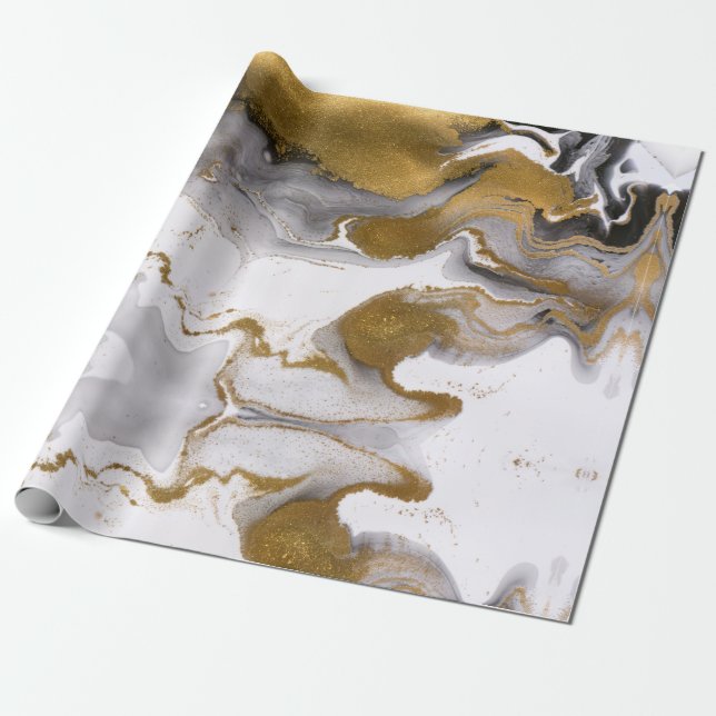 Abstract Black and Gold Agate Marble Swirl  Wrapping Paper (Unrolled)
