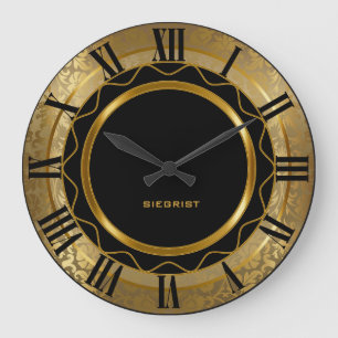 Abstract Black and Gold Damask Large Clock