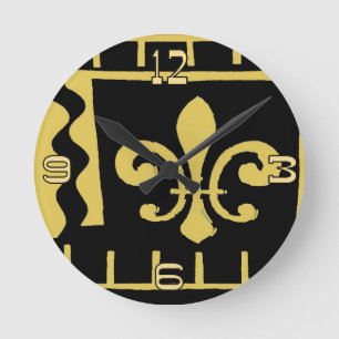 Abstract Black and Gold Fleur De Lis Round Clock