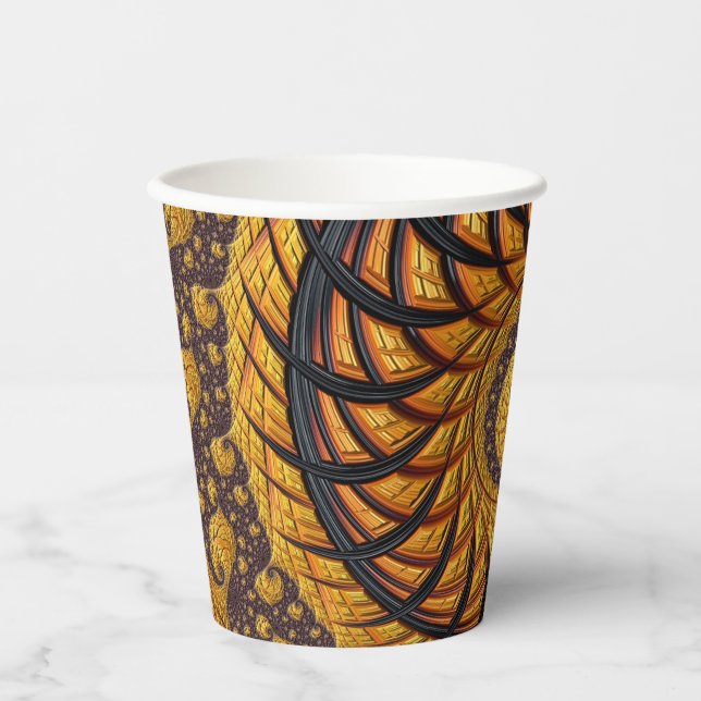 Abstract Black and Gold Spiral Fractal Paper Cups (Front)