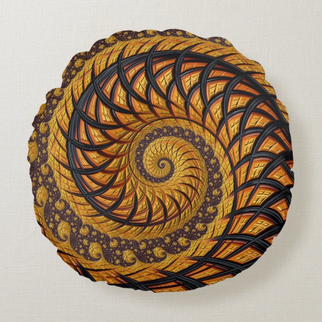 Abstract Black and Gold Spiral Fractal Round Pillow (Front)