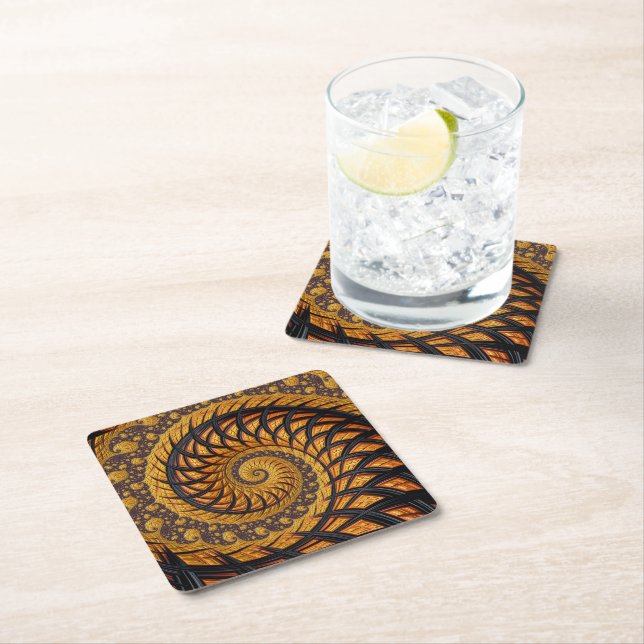 Abstract Black and Gold Spiral Fractal Square Paper Coaster (Insitu)