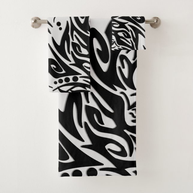 Abstract Black and GrayTribal Wolf Bath Towel Set (Insitu)