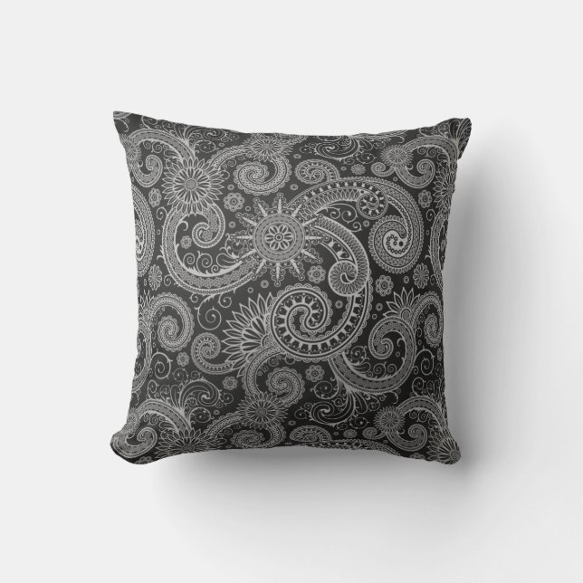Abstract Black and Grey Floral Pattern Throw Pillow (Front)
