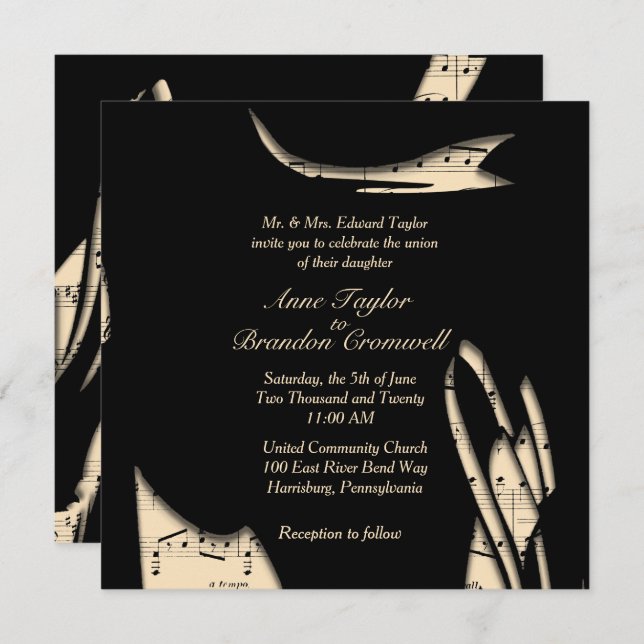 Abstract Black and Peach Music Wedding Invitation (Front/Back)