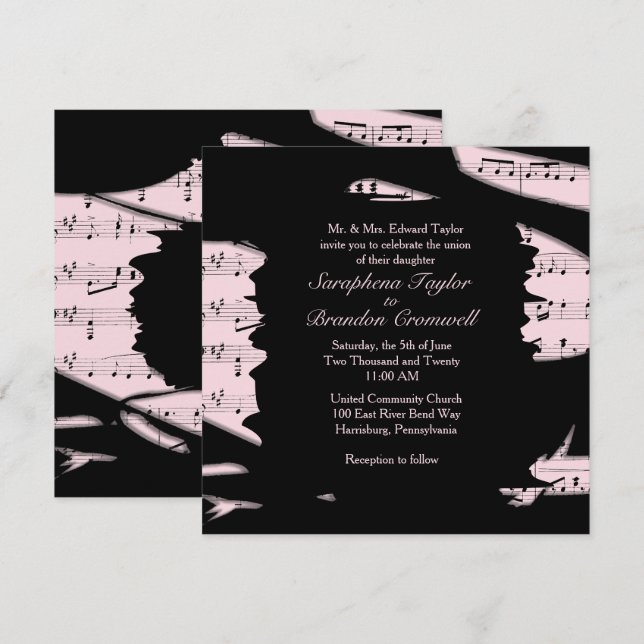Abstract Black and Pink Music Wedding Invitation (Front/Back)