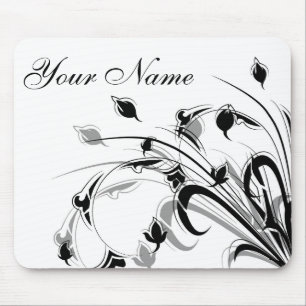 Abstract Black and White Flowers Mouse Pad