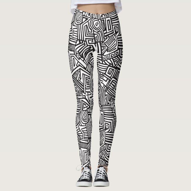 Abstract Black and White Geometric Line Pattern Leggings (Front)