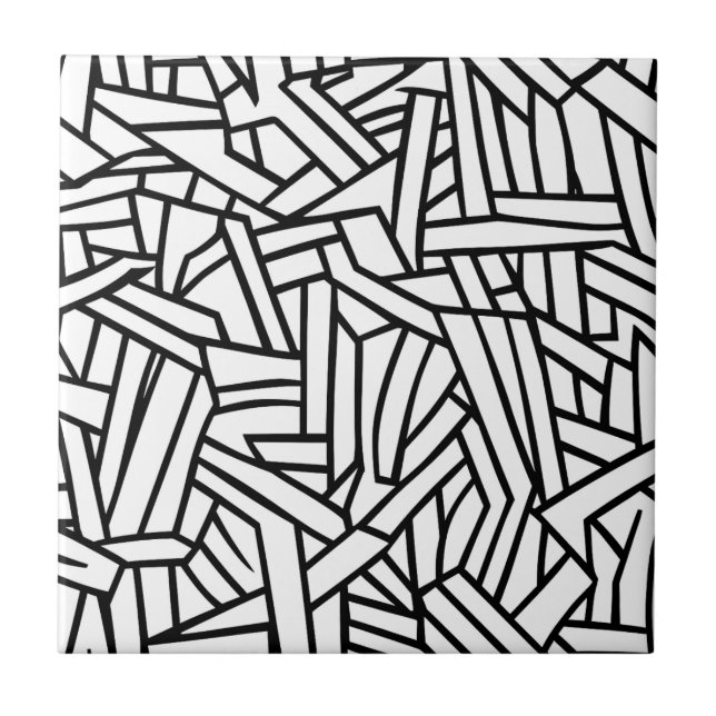 Abstract Black and White Geometric Line Pattern Tile (Front)