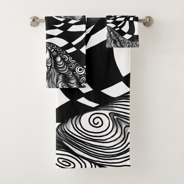 Abstract black and white line tangle bath towel set (Insitu)