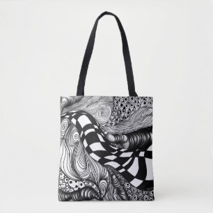 Abstract black and white line tangle tote bag