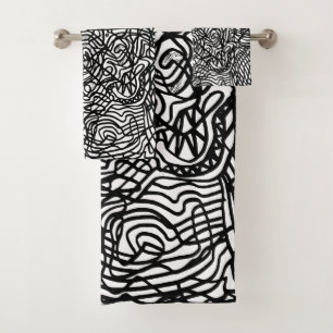Abstract Black and White Lines Pattern Bath Towel Set