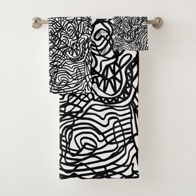 Abstract Black and White Lines Pattern Bath Towel Set (Insitu)