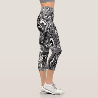 Abstract Black and White Liquid Marble Capri Leggings