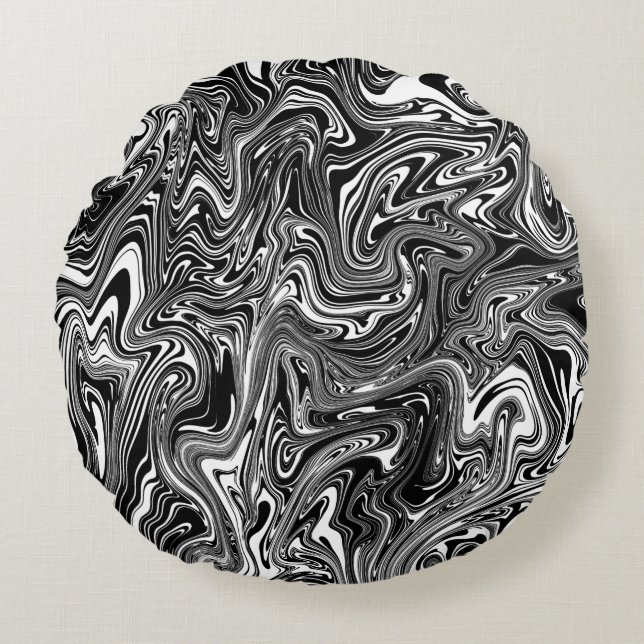 Abstract Black and White Liquid Marble Round Pillow (Front)