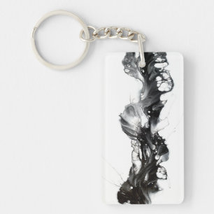 Abstract Black and White Paint Pour Fluid Art Keychain