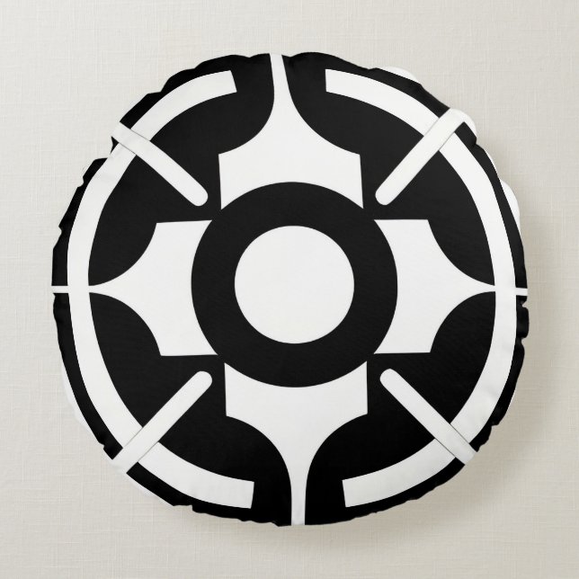Abstract Black-and-White Symbolic Geometric Round Pillow (Front)