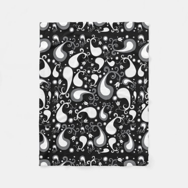 Abstract black and white Tulip Paisley Floral Fleece Blanket (Front)