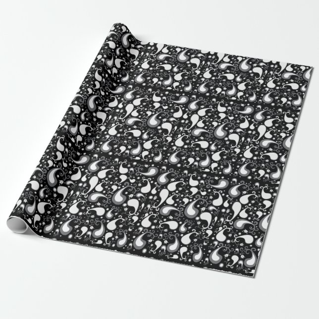 Abstract black and white Tulip Paisley Floral Wrapping Paper (Unrolled)