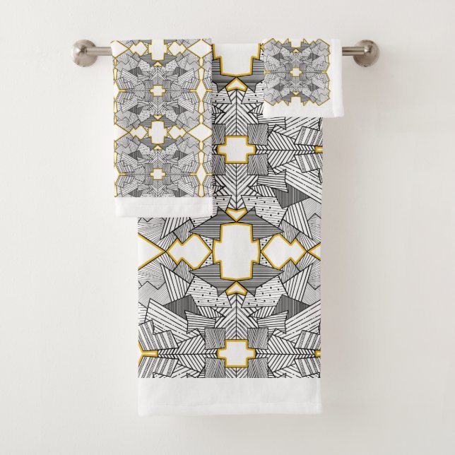 Abstract Black and White with Gold Accents Bath Towel Set (Insitu)