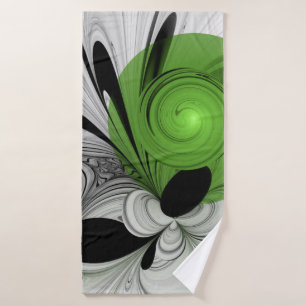 Abstract Black and White with Green Fractal Art Bath Towel