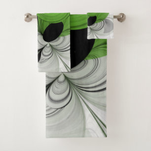 Abstract Black and White with Green Fractal Art Bath Towel Set